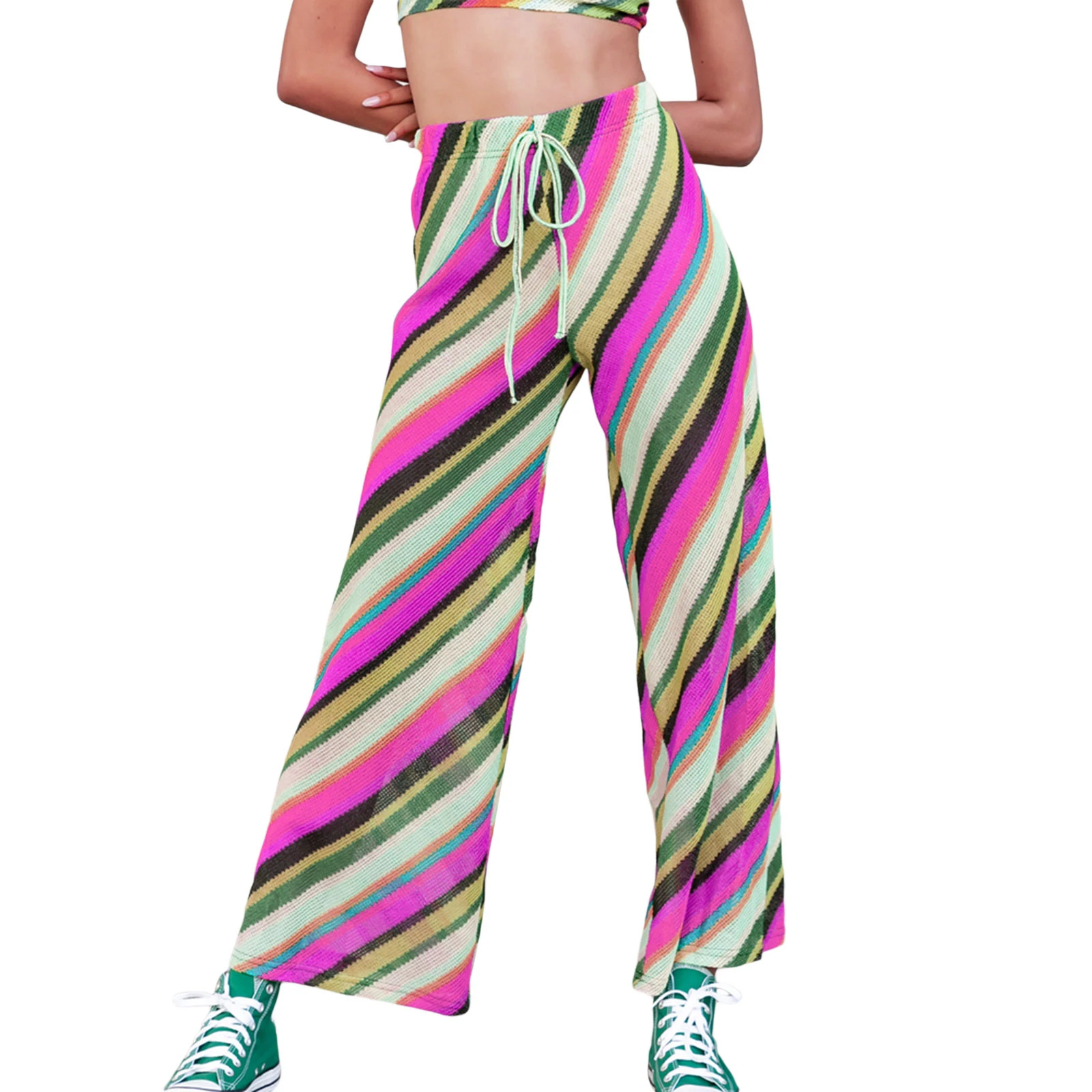 

Women Casual Wide-leg Pants Stripe Printed Pattern Elastic High Waist Knitted Trousers Blue/ Purple/ Orange/ Rosy