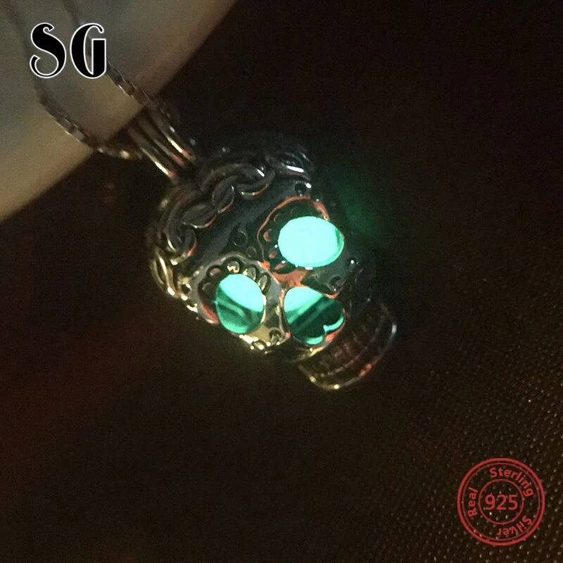 2018 Aliexpress подлинное серебро 925 пробы череп светящаяся подвеска цепочка ожерелье
