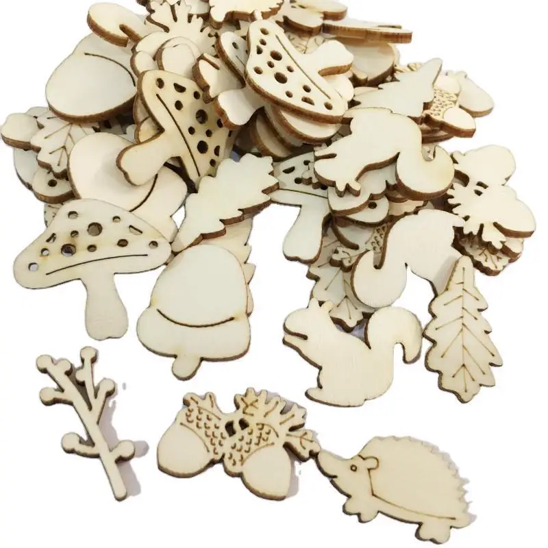 

50pcs Wooden Cartoon Crafts Unfinished Wood Animal Mushroom Leaf Embellishments for DIY Art Craft Christmas Decorations