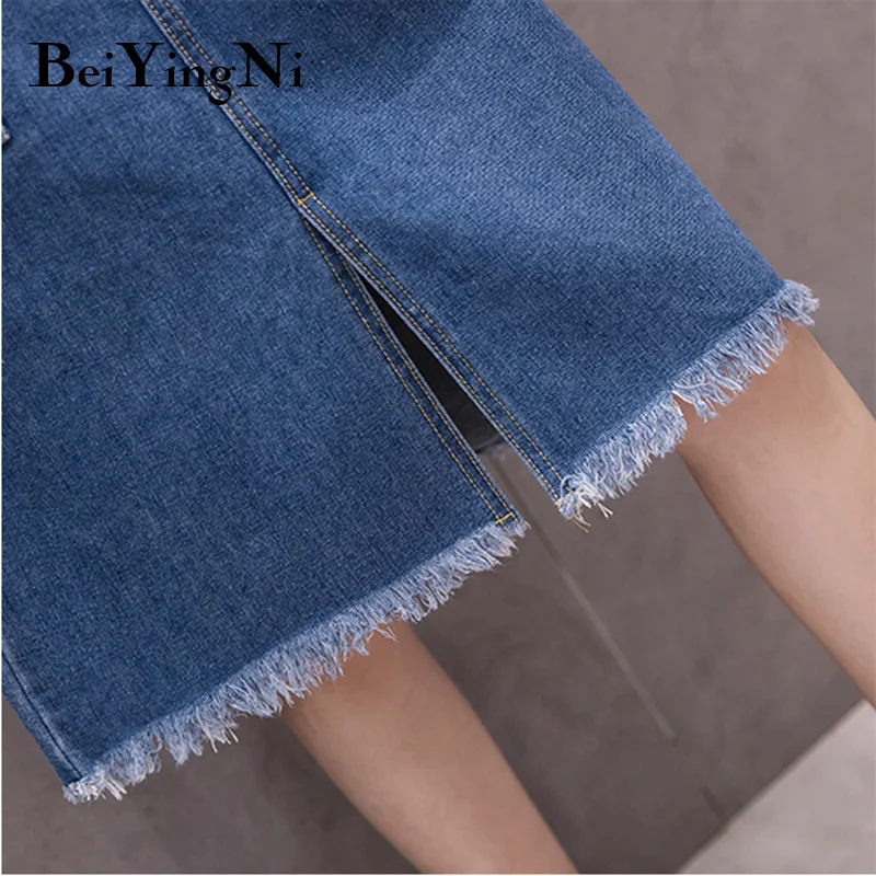 

Beiyingni High Waist Denim Skirt Women Drawstring Casual Vintage Split Pockets Korean Knee-length Skirts Tassel Jeans Skirts