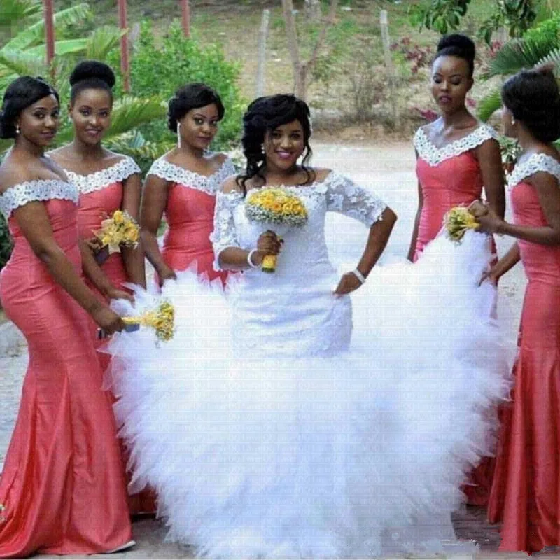 

New Half Sleeves African Mermaid Wedding Dress 2022 Lace Marriage Dress Luxury Ruffles Arabic Bridal Gowns