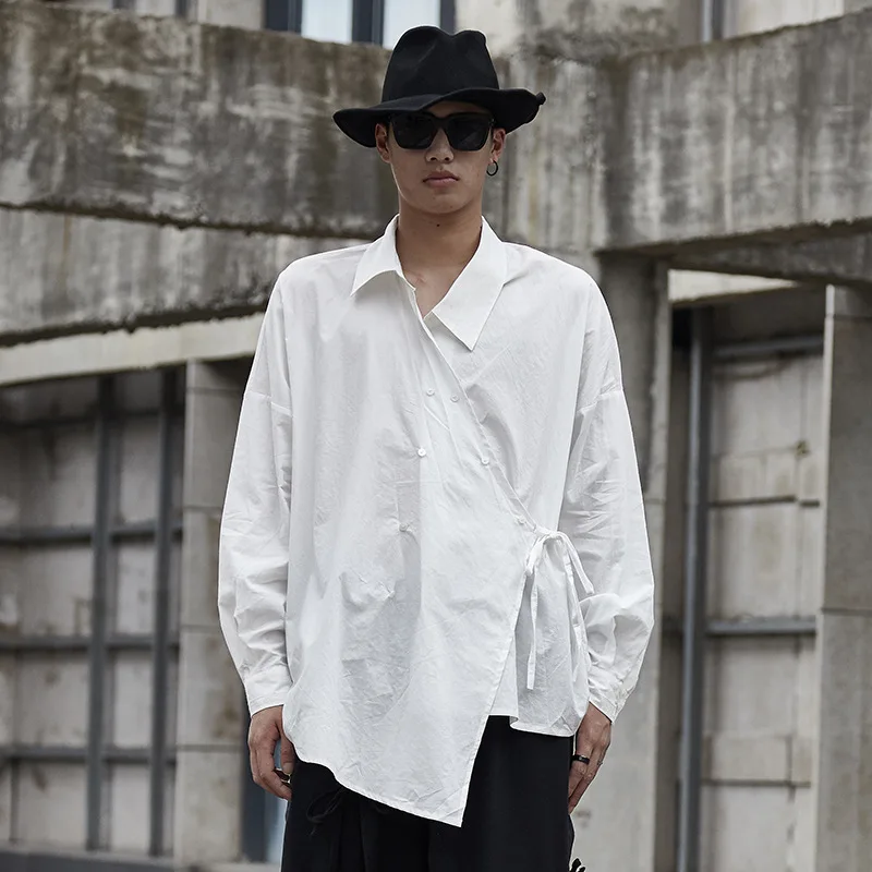 

Japanese Niche Design Men's Long-sleeved Asymmetrical Lace-up Profile Shirt Top Irregular Oblique Front Shirt