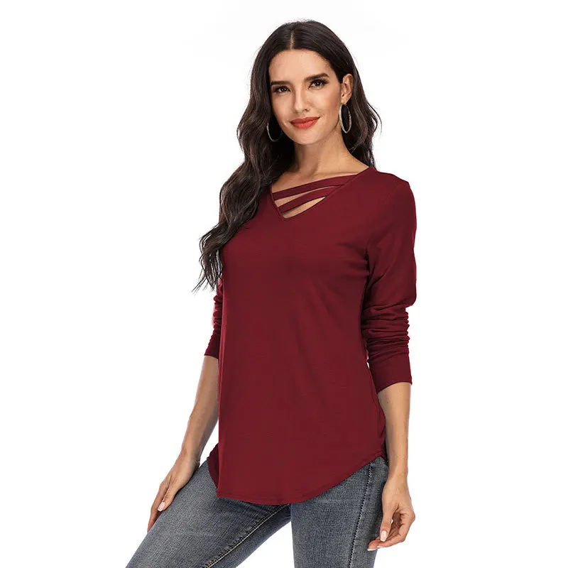 

Bazhenova 2020 Autumn Winter Women Long Sleeve Solid T Shirt Hollow Out V-Neck Casual tshirt Tops T1592