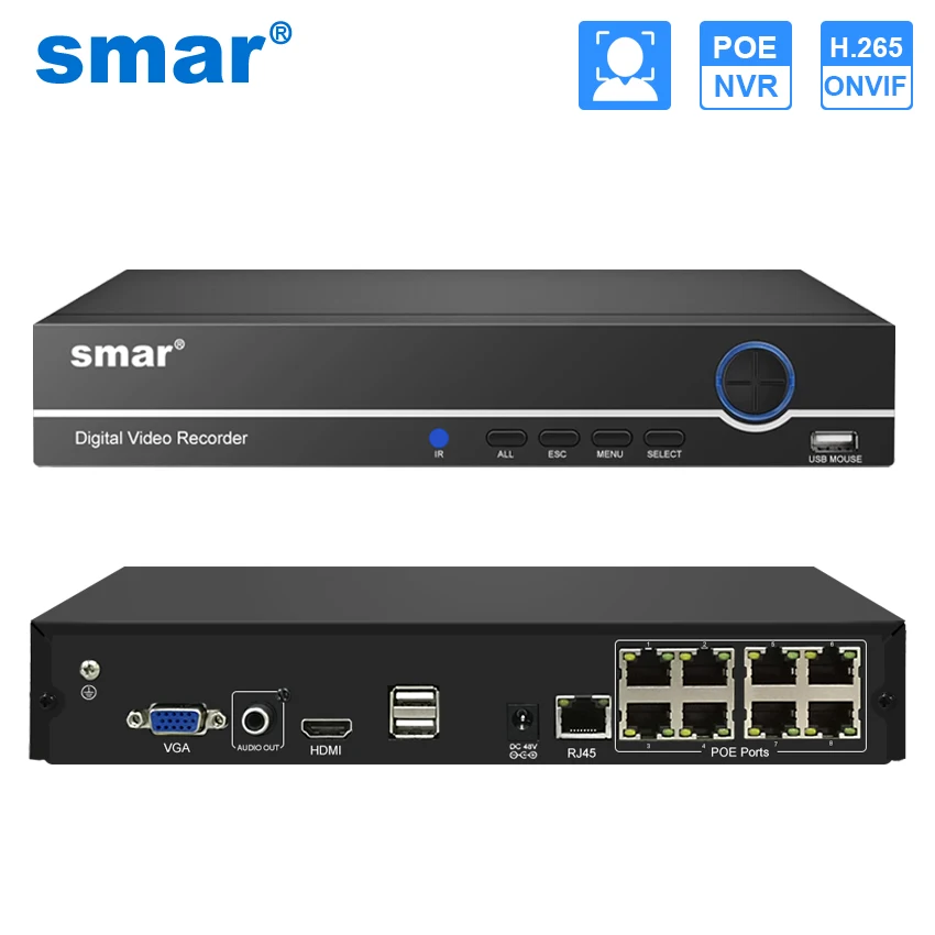 Smar H.265+ 8CH 4MP POE NVR For 48V POE IP Security Surveillance Camera System Kit CCTV NVR Audio Video Recorder ONVIF XMEYE
