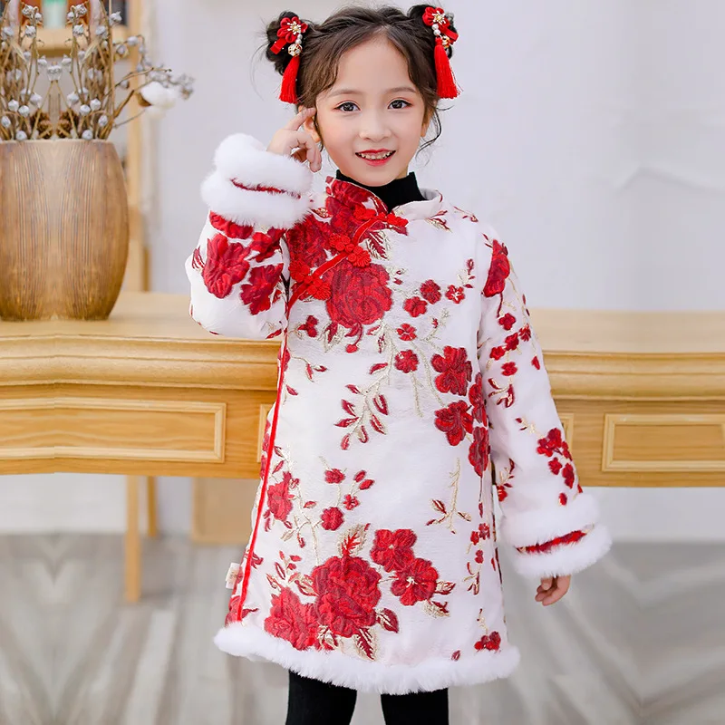 Детское пальто Cheongsam в китайском стиле с пионами; костюм Tang; детское осенне-зимнее платье с длинными рукавами; плотные платья для девочек; одежда на год