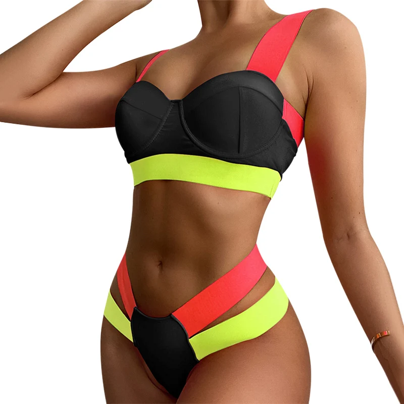 

Women's Swimming Suit Colorful Splicing Contrasting Bikini Set Ladies Underwire Two-Piece Beach Wear Attractive Sexy