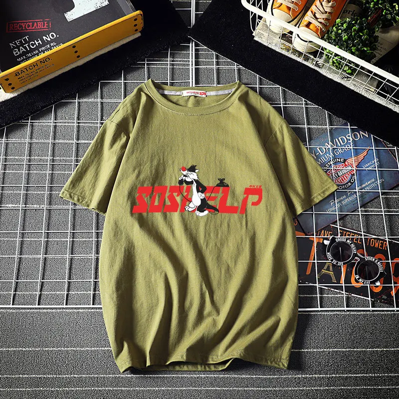 

Retro American Cat Cotton Short-sleeved T-shirt Men And Women Trend Half Sleeve Loose Couple Summer Clothes 2021 Large Size