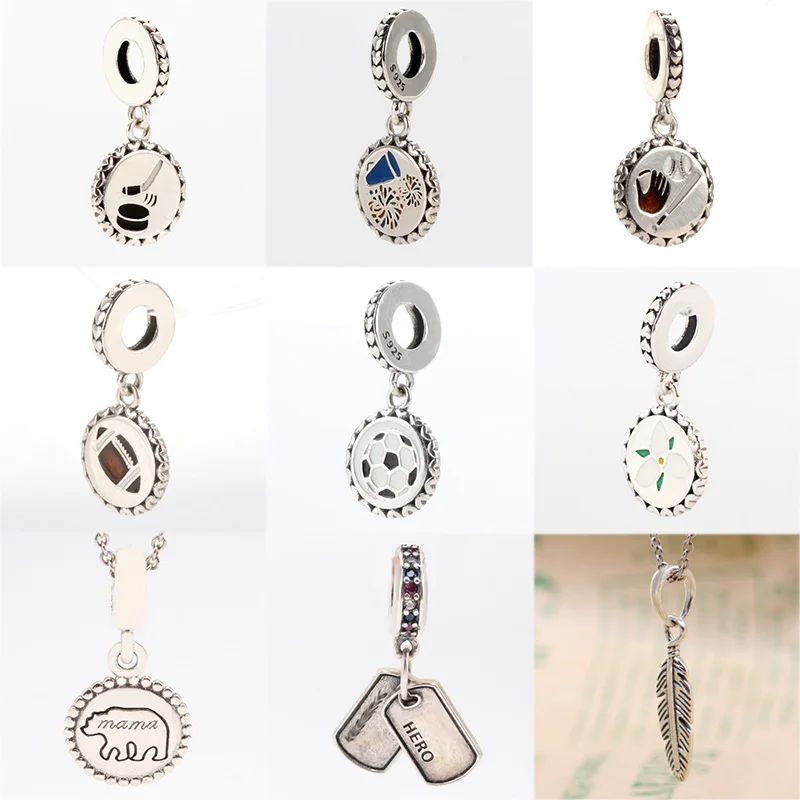 

925 Sterling Silver Pendant Football Feather Crystal For Original Pandora Charms Women Bracelets & Bangles Jewelry
