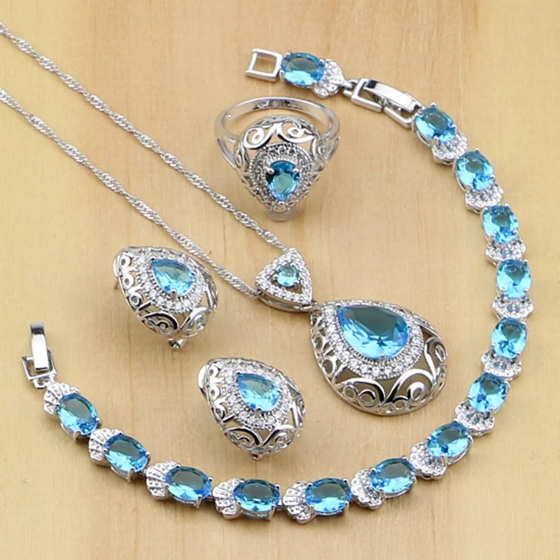 Женский ювелирный комплект из серебра 925 пробы синяя блестящая Свадебная