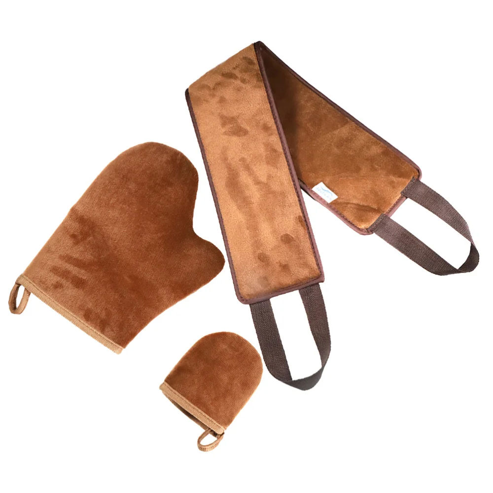 

3pcs Self Tanning Mitt Set Flocking Exfoliating Back Applicator Belt for Lotions Mousses Creams (Brown)