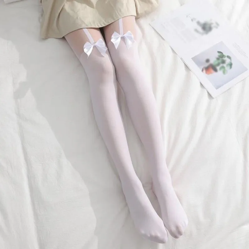 

Cute Bow Fake High Tube Pantyhose Female Autumn Medium Thickness Japanese Stitching Silk Socks Lolita Long Tube Dropshipping