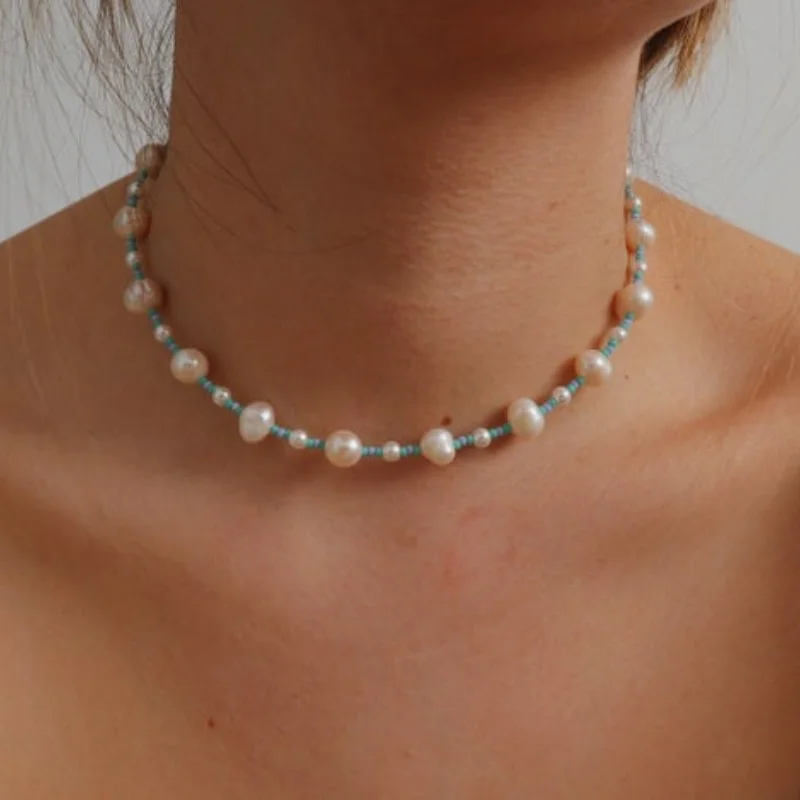 

Blue Beaded NecklacePearl Necklace Choker Initial Pendant Chokers Fresh Water Pearl Necklace Beaded Necklace Gifts for Her