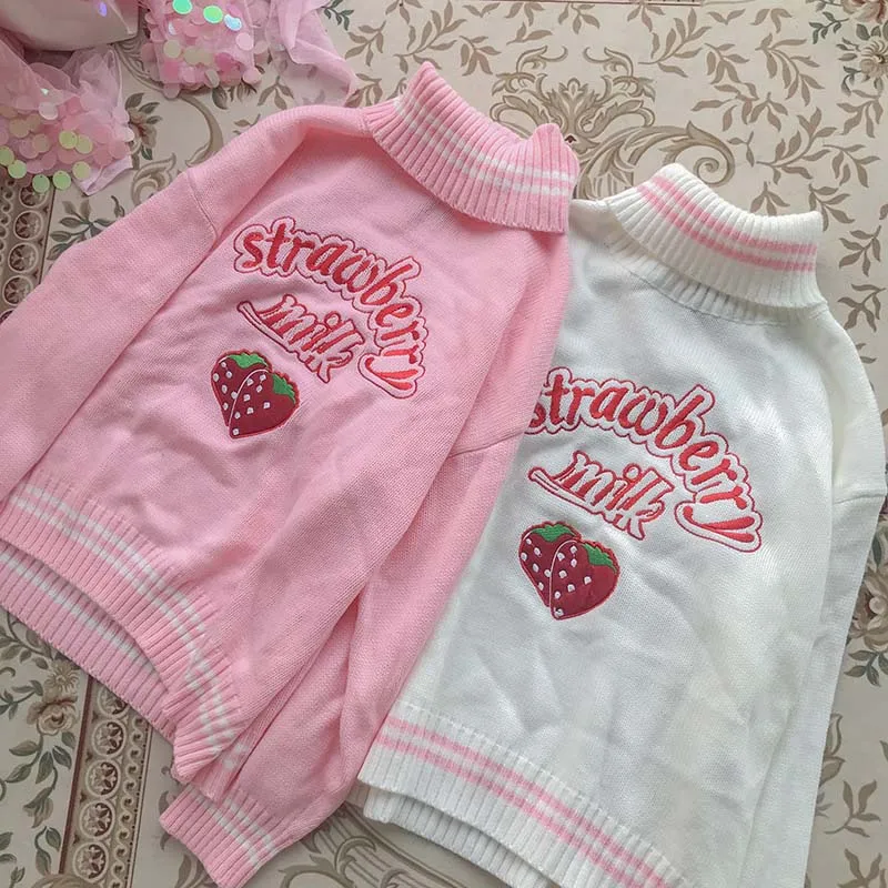 

One-Piece Autumn Winter Japanese Kawaii Sweet Turtleneck Lolita Girl Sweater Embroidery Strawberry Knitting Pullovers Women Top
