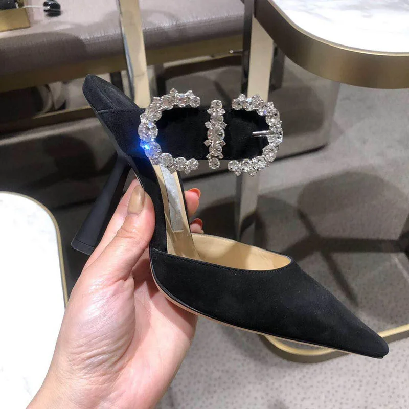 Женские туфли на высоком каблуке черные тапочки из флока с острым носком и