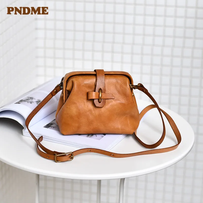 PNDME fashion genuine leather mini ladies shoulder bag natural first layer cowhide women's weekend party small messenger bag