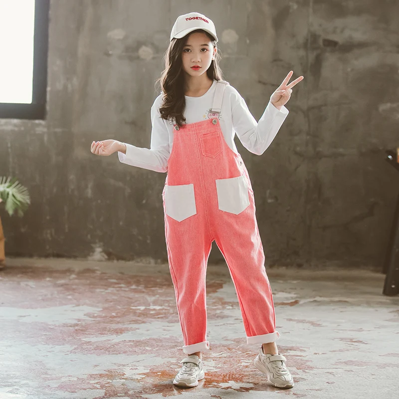Комбинезоны ярких цветов для девочек повседневные свободные хлопковые длинные штаны для детей милая Одежда для маленьких девочек верхняя одежда для подростков 6, 8, 10, 12 лет