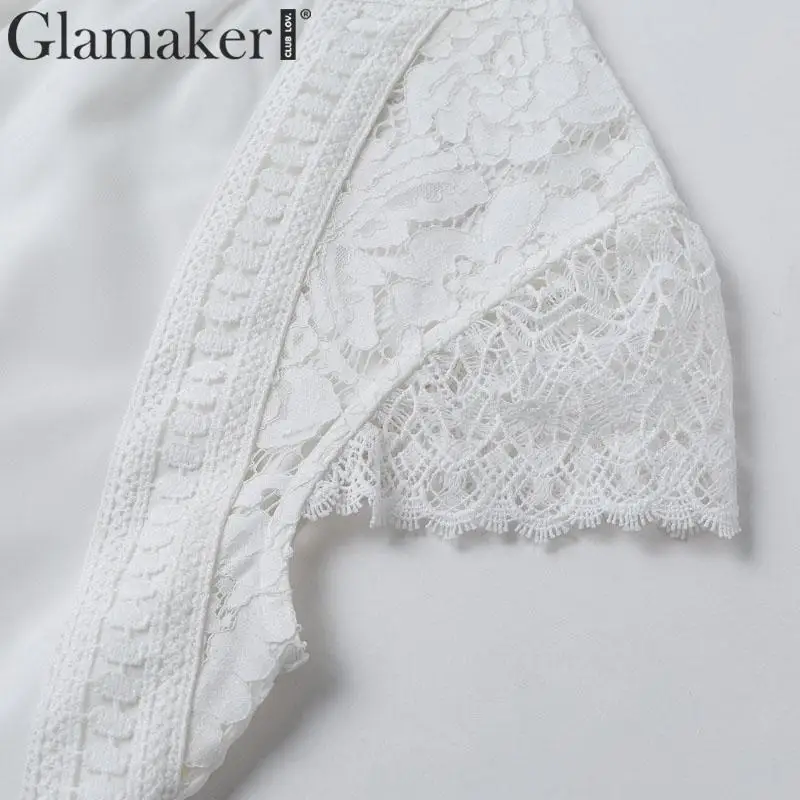 Glamaker Chiffon white hollow out short dress Elegant high waist lace patchwork mini Lady spring sexy holiday casual vesti | Женская