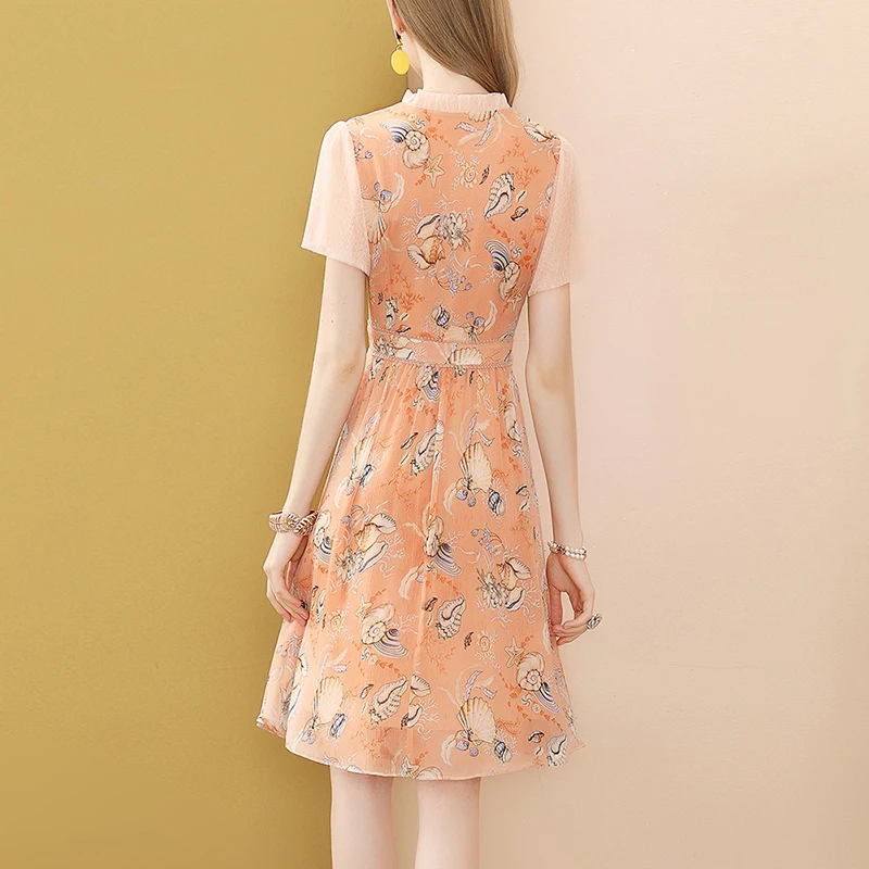 

Only Plus Women Fairy Dresses Summer Floral Printed Dress Transparent Short Sleeve High Waist Elegant Women A-line Dresses