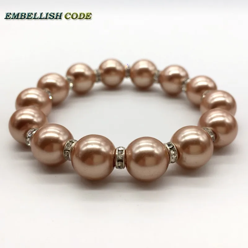 Elastic bracelet sea shell mother pearl Champagne color Luxury gold perfect round 12mm with 5.5mm Crystal Attractive fashion | Украшения и
