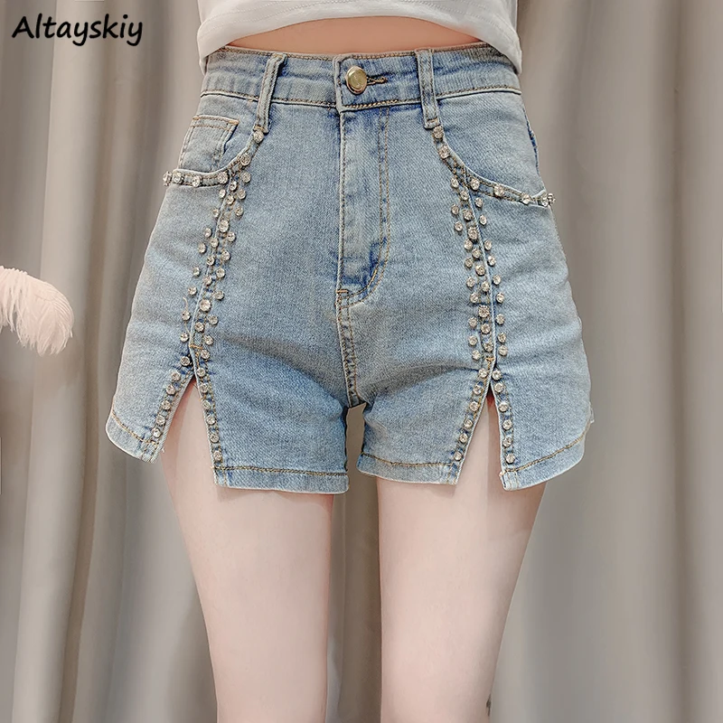 

Women Shorts Denim Trousers Beading Summer Fashion Female All-match High Waist Loose A-line Sweet Casual Korean Style Chic Retro
