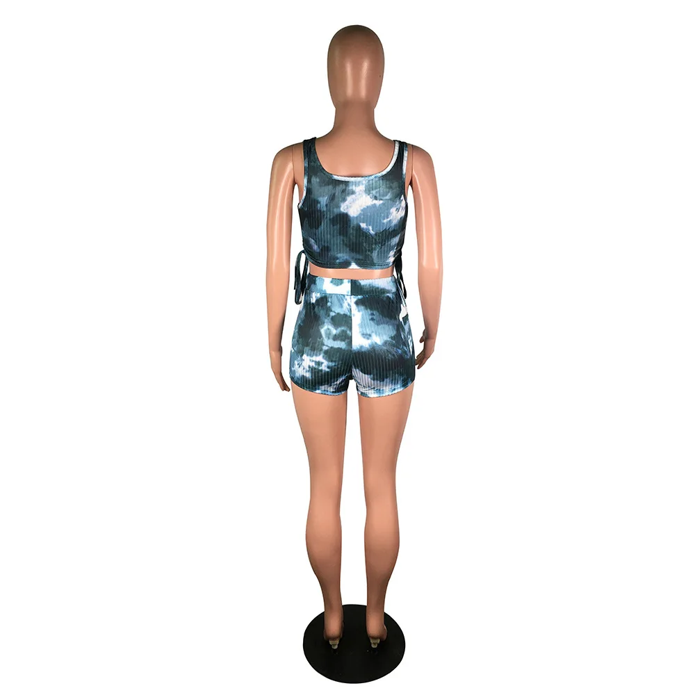

New fashion tie-dye printing sports two-piece slim U-neck sleeveless camisole and shorts women's suit
