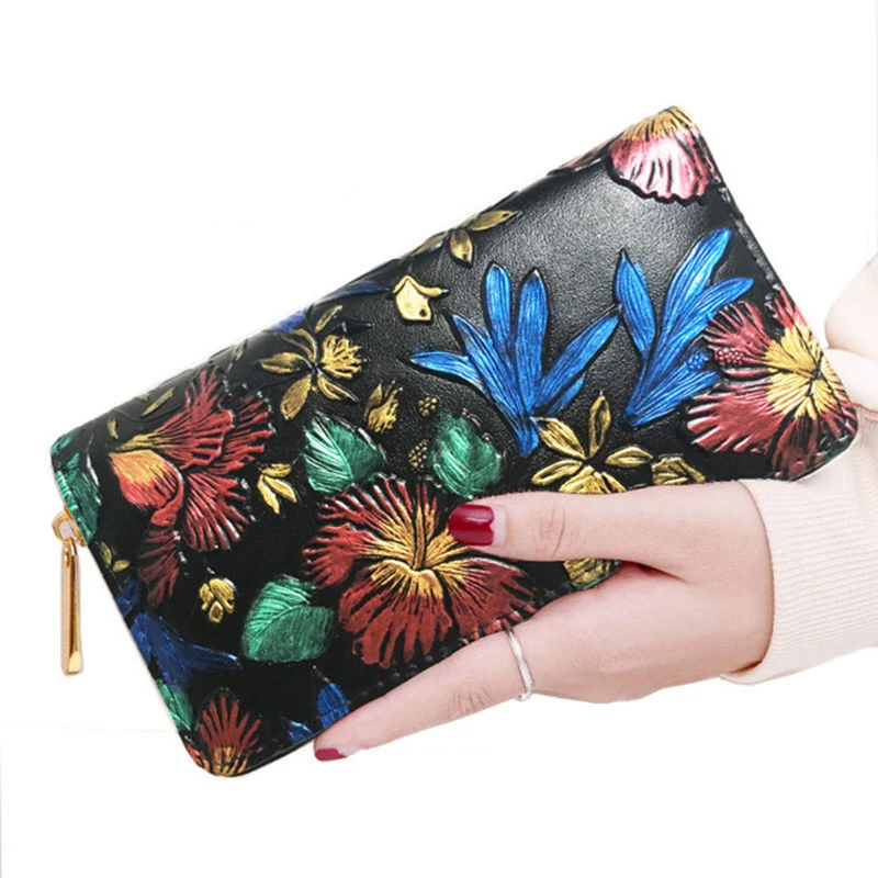 

Women Floral Wallet Retro Knurling Rose Flower Pattern Long PU Leather Female design purse wristlet women's phone bag sac femme