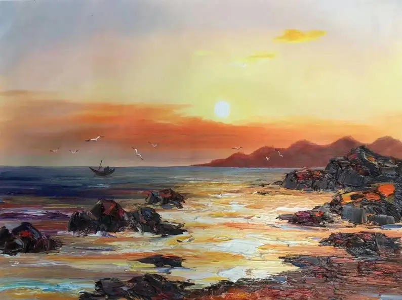 

Морская живопись, оригинальная Абстрактная живопись золотого океана, оригинальная абстрактная живопись, живопись неба, большое небо и море...