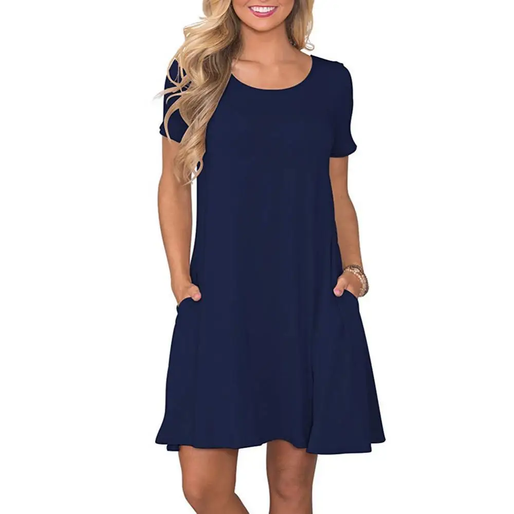 

50%HOT Casual Women Solid Color Short Sleeve O-Neck Swing T-Shirt Dress with Pockets