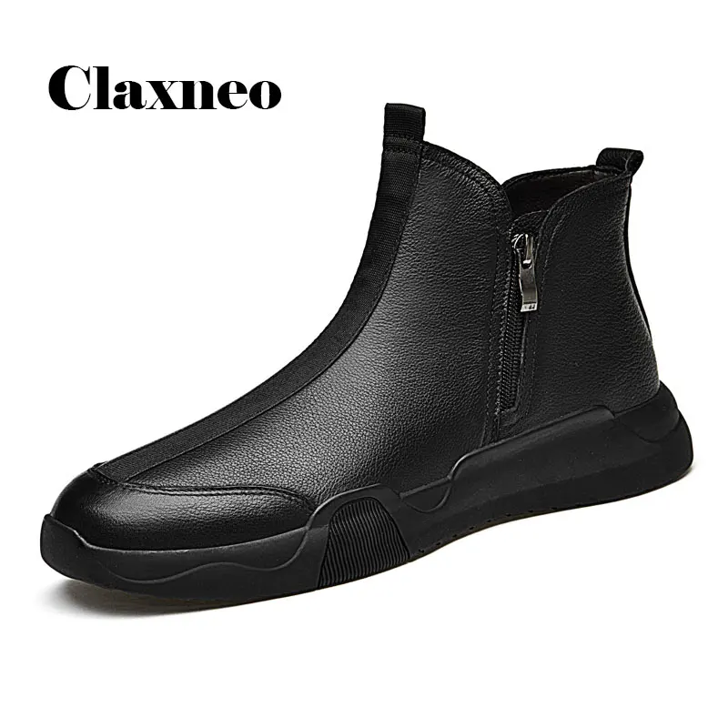 

Man Leather Boots Zipper 2020 Mens Autumn Shoes Design Genuine Leather Motorcycle Boot Male Winter Shoe PLUSH Fur Warm Fashion