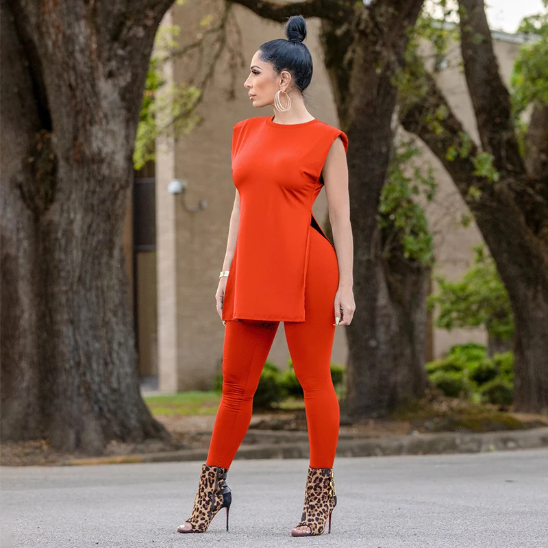

Shoulder Pads Sleeveless Sexy Two Pieces Set Women's Clothing 2021 Summer Streetwear Side High Split T-shirt+Skinny Pencil Pants