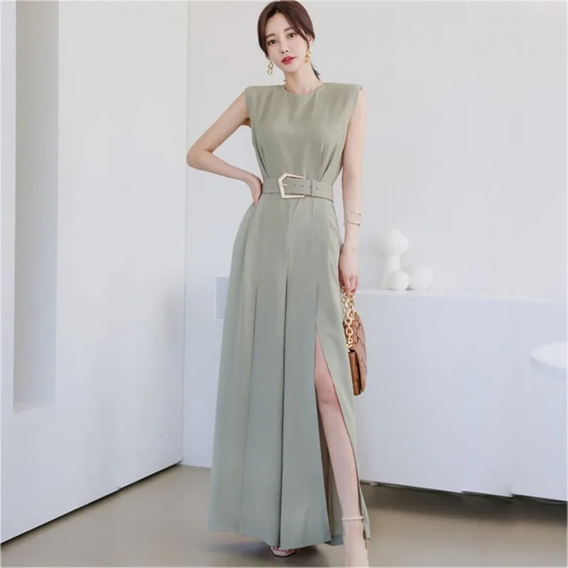 

2021 summer fashion Elegant women Jumpsuits O-Neck Split Wide Leg Trousers Long Playsuits Casual Work Wear Rompers