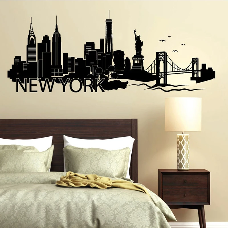 

City Silhouette Pattern Vinyl Decal Wall Sticker City Skyline New York Lettering Living Room Home Decor