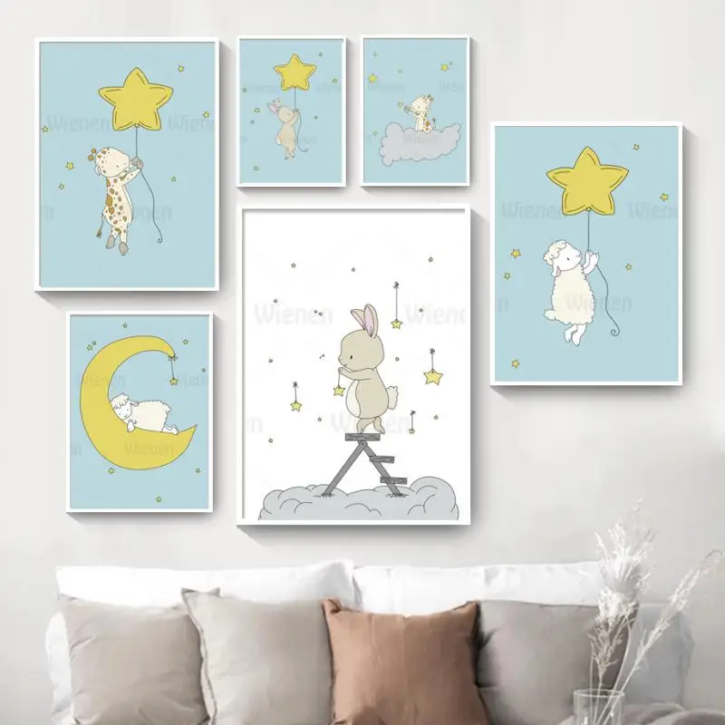 

Cartoon Animal Nordic Posters Wall Pictures Rabbit Sheep Giraffe Moon Star Wall Art Canvas Painting Nursery Decor Kid Room Decor