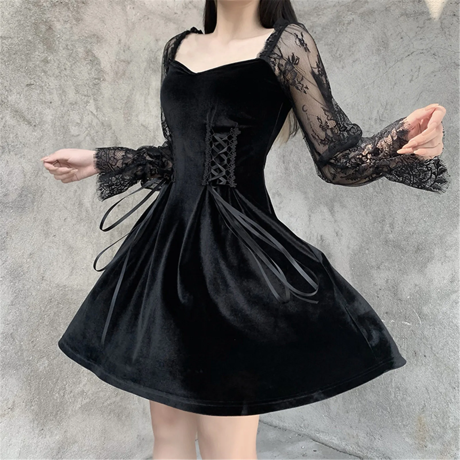 

Mesh Vintage Gothic Dresses Egirl 2021 Deep V Neck Transpanent Strap Pleated Dress Chic Punk Hip Hop Patchwork Mini Dress Chic 4