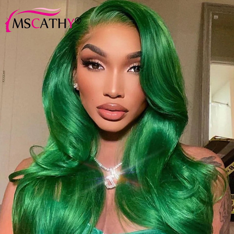 HD Transparent Lace Front Wig Body Wave Green Color Human Hair wig Natural Hairline Per plucked Middle Part For Black Women | Шиньоны и