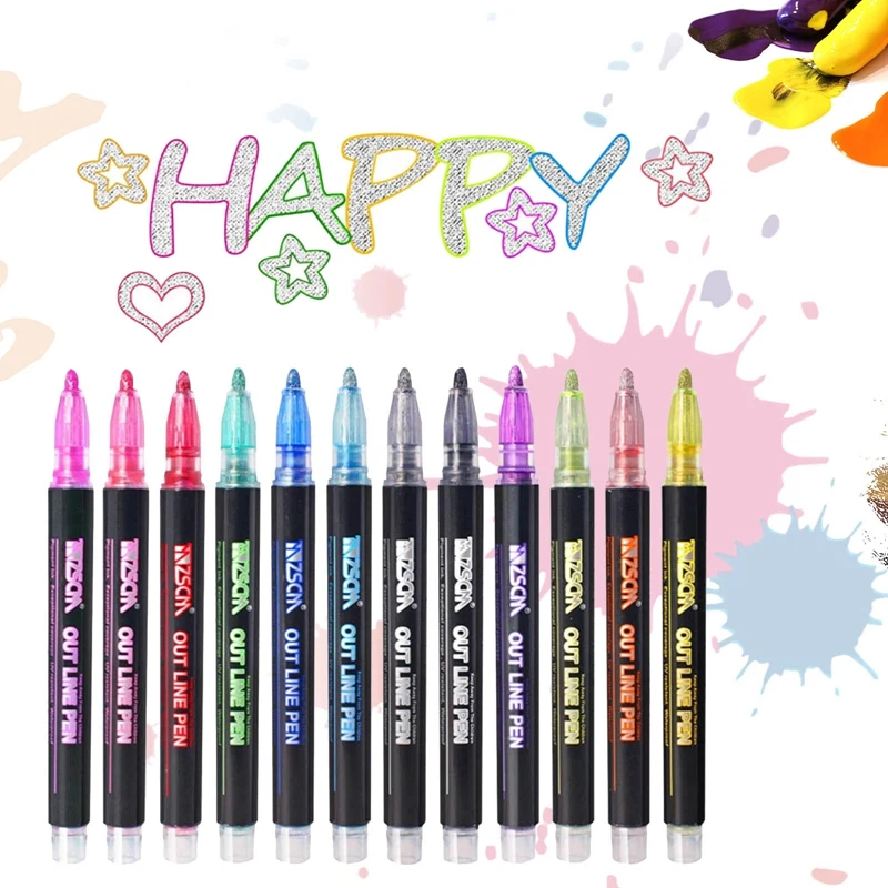 

12 Colors Metallic Glitter Colorful Color Outline Marker Kawaii Art Marker Double Line Pen for School Drawing Art Supplies Pen