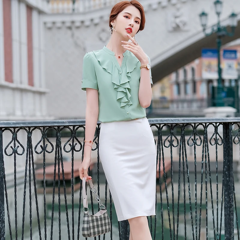 Summer Fashion Women Shirts Ruffles Short Sleeve Office Ladies Blouse and Tops OL Styles Work Wear Green | Женская одежда