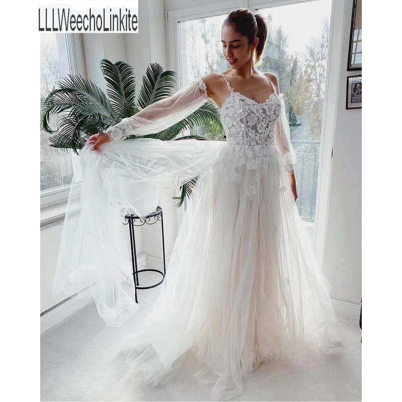 

Ivory Lace Tulle Sweetheart Spaghetti Straps A-Line Wedding Dresses Chapel Train Bridal Gowns Custom Made