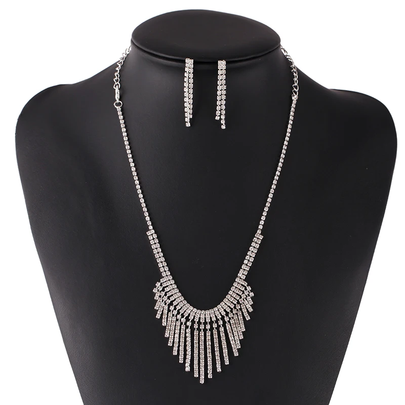 Classic Flash CZ Stone Jewerly Set Multi-layer Tassel Design Silver Color Necklace&ampEarring For Women Wedding Party Sets 2020 New |