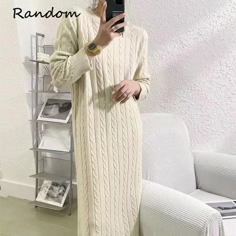 

O-neck Loose Vintage Sweaters Dress For Women 2021 Winter Knitted Vestidos Full Sleeve Midi Female Cashmere Warm Elegant Dresses