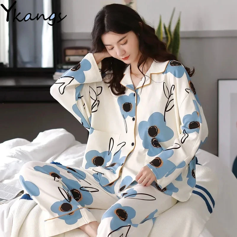 

Spring Cotton Floral Print Cardigan Pajama Set Lapel Top And Trousers Two-Piece Night Suit Korean Fashion Home Women'S Clothing