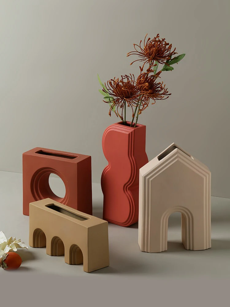

Nordic Ceramic Wine Cabinet Flowers Vase Pot Home Decor Study Building Vase Porcelain Sculpture Office Living Room Vases