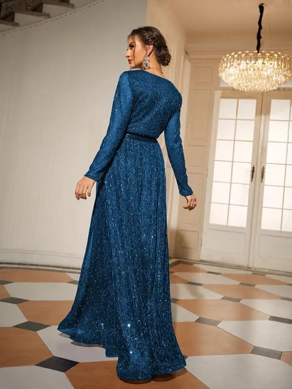 Женское Плиссированное Платье с V-образным вырезом длинным рукавом и блестками |