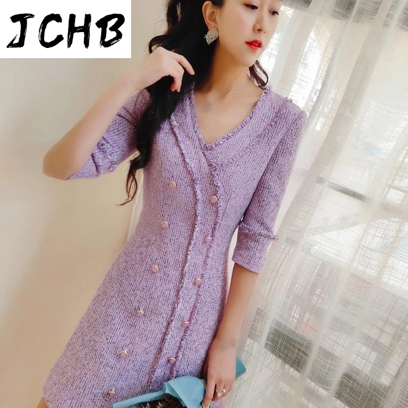 

Elegant women v-neck half sleeve spring summer tweed dresses tassel buttons slim female mini dress Y644