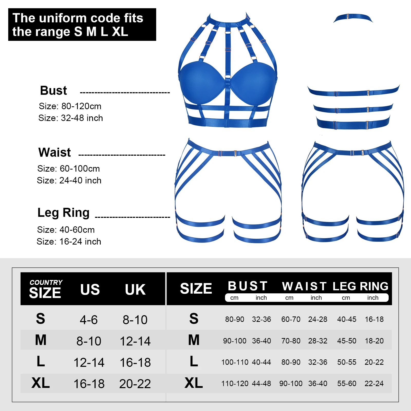 

Royal Blue Harajuku Full Body Bondage Set Adjust Waist Hip Circumference Wrap The Chest Buttocks Fetish Lingerie Harness Women's