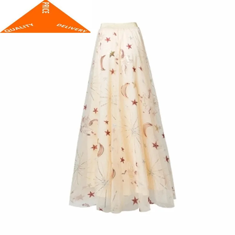 

Long Skirts Women's with Sequins Office Ladies Spring Fashion Sweet Party Skirt Star Autumn Embroidery Clothing LWL379
