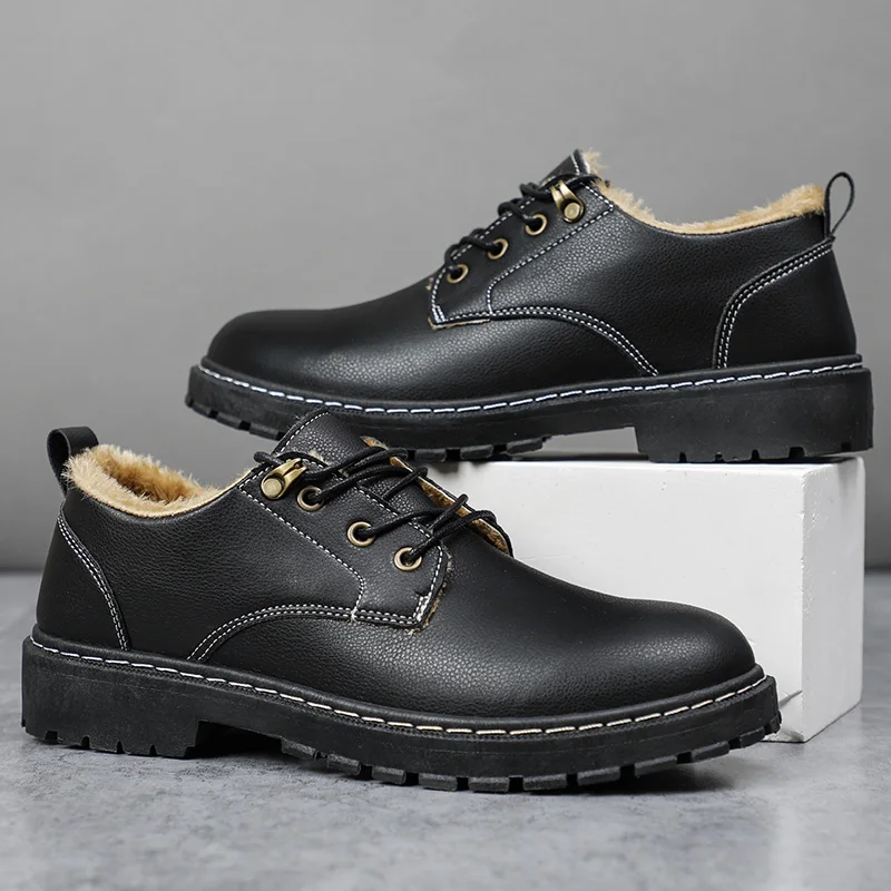 

Autumn And Winter Men's Shoes With Fleece Low Top Cotton Warm Martin Boots Casual Versatile Waterproof Work Leather