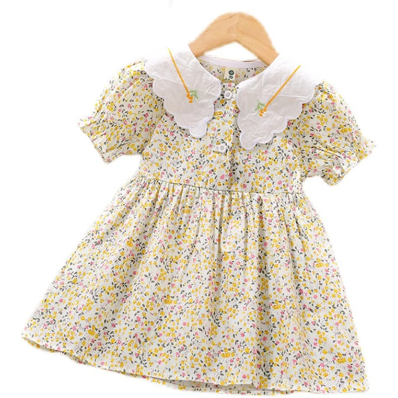 

Summer Toddler Girls Floral Dress Turn-down Collar Girl Short Sleeves Dress Girls Dresses Kids Children Sweet Outfits Clothes