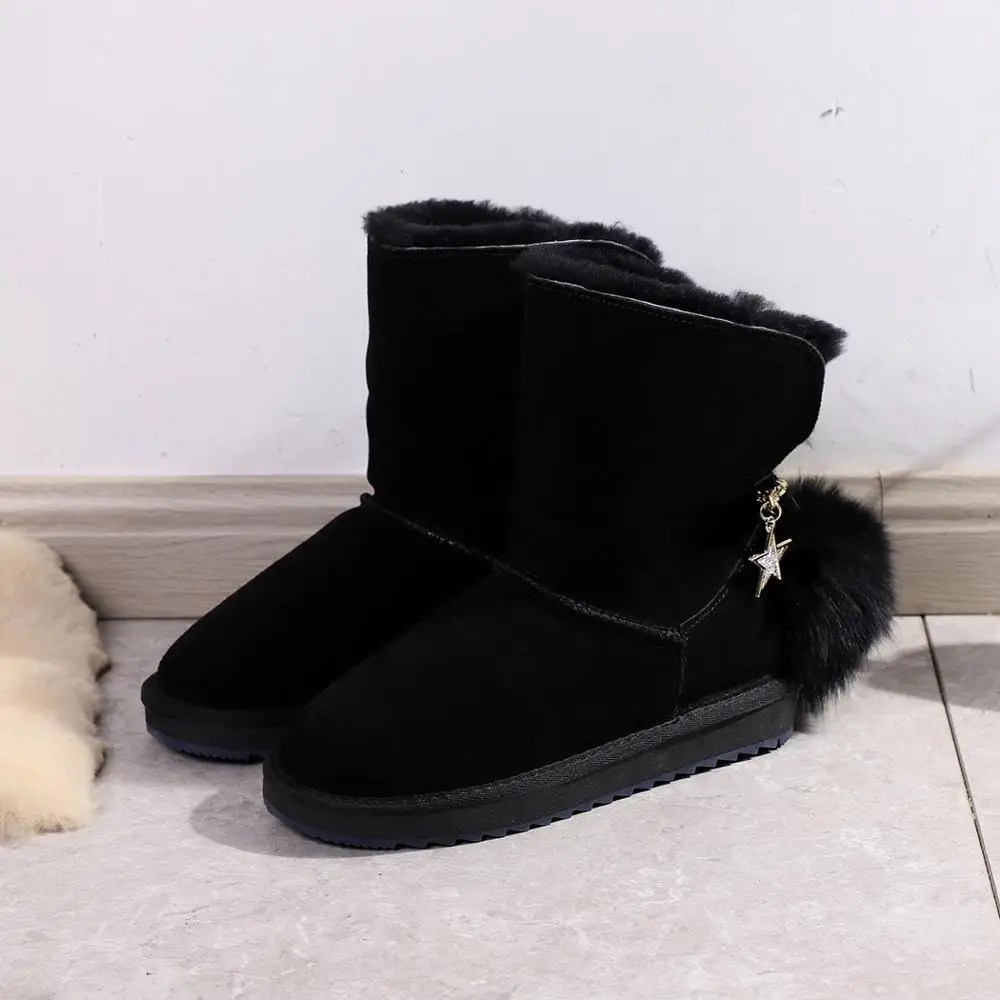 MBR FORCE new fashion Cowhide Leather Wool Fur Lined Suede Casual Winter Boots for Women Snow Fox Pom-pom Star Tassels | Обувь