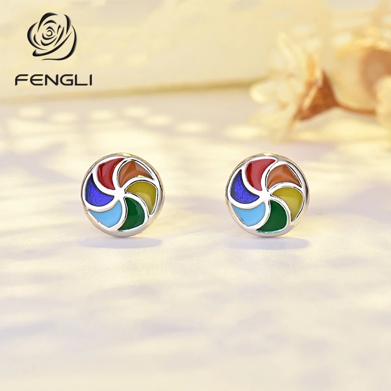 

FENGLI Colorful Windmill Stud Earrings for Women Round Enamel Ear Stud oorbellen brincos Party Christmas Gifts Drop Shipping
